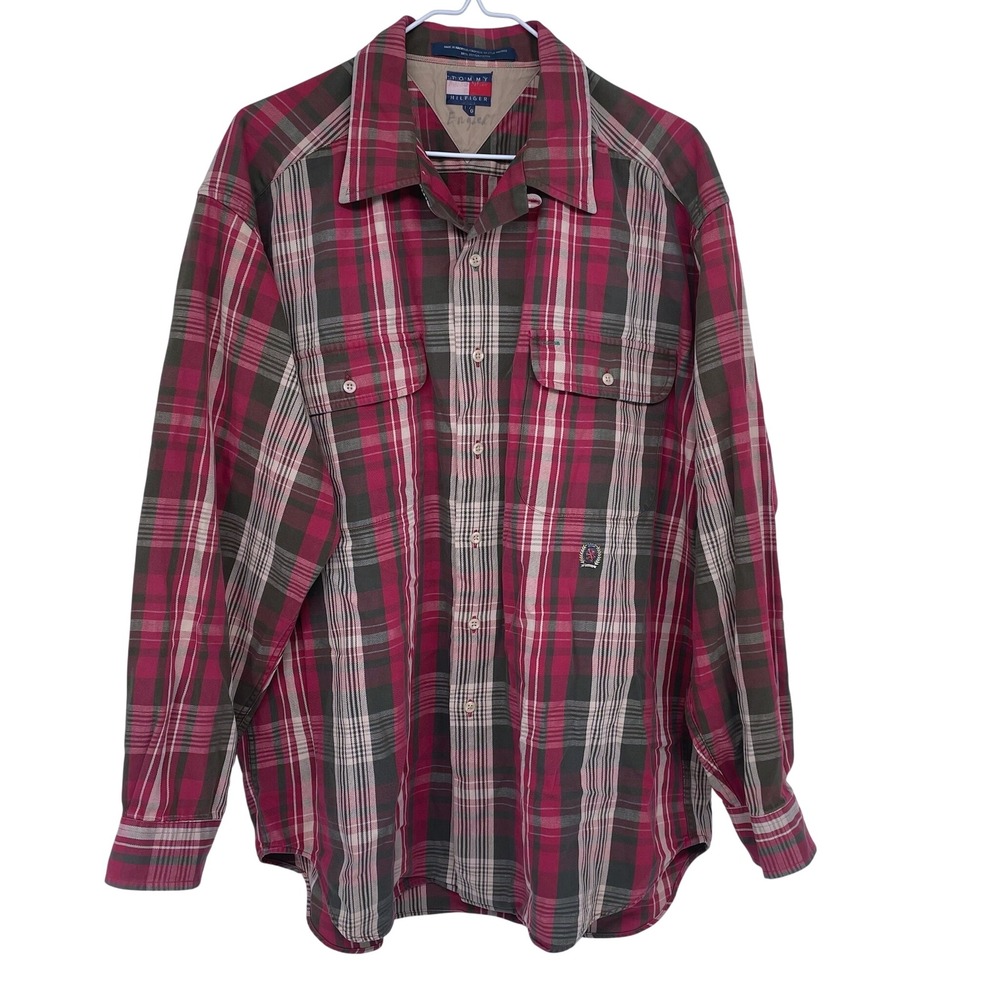 Vintage 90s Tommy Hilfiger Casual Button‎ Down Shirt Large Red Green Plaid